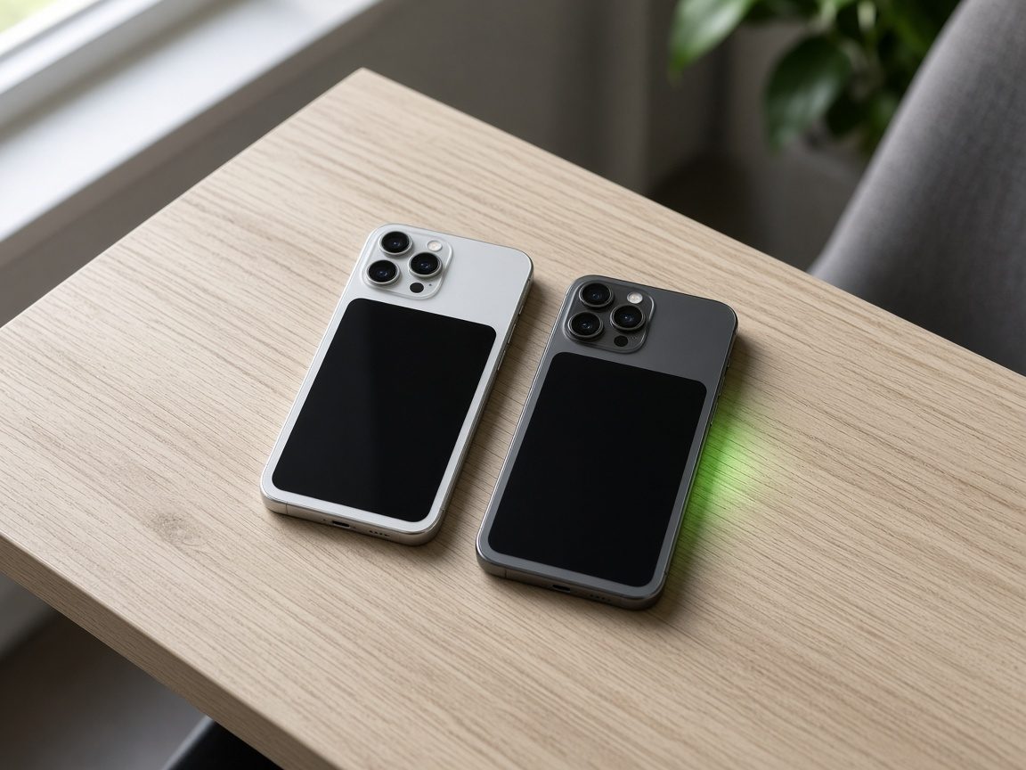 Zwei Smartphones nebeneinander auf Holz