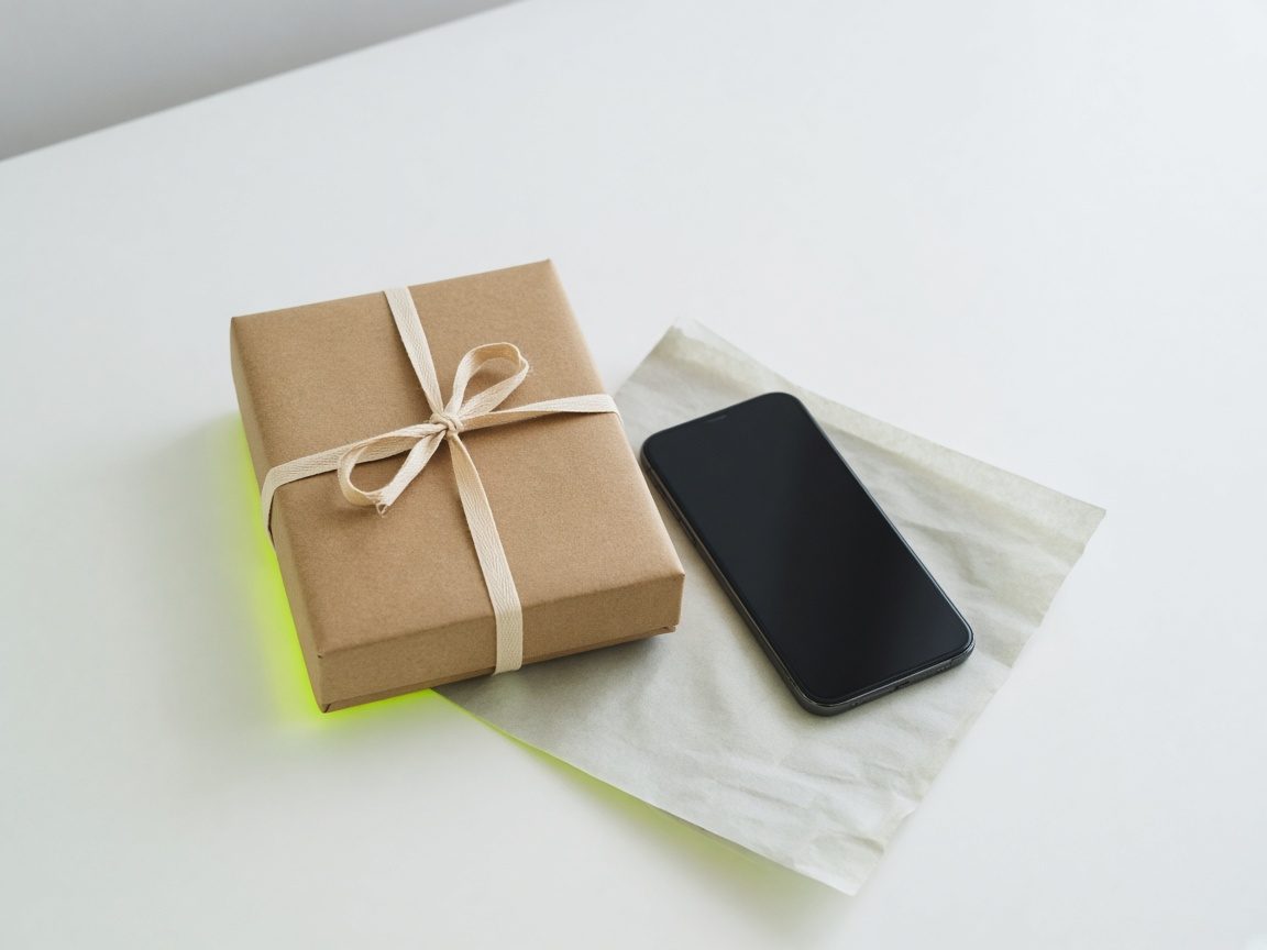Schlichtes Paket neben einem Smartphone
